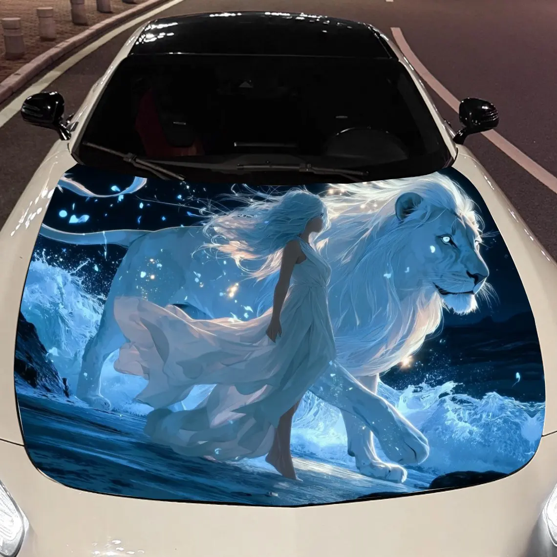 

Phantom Blue Lion and Woman in White Car Vinyl Wrap, PVC Material Waterproof Car Hood Sticker, Self-Adhesive Scratch-Resistant S
