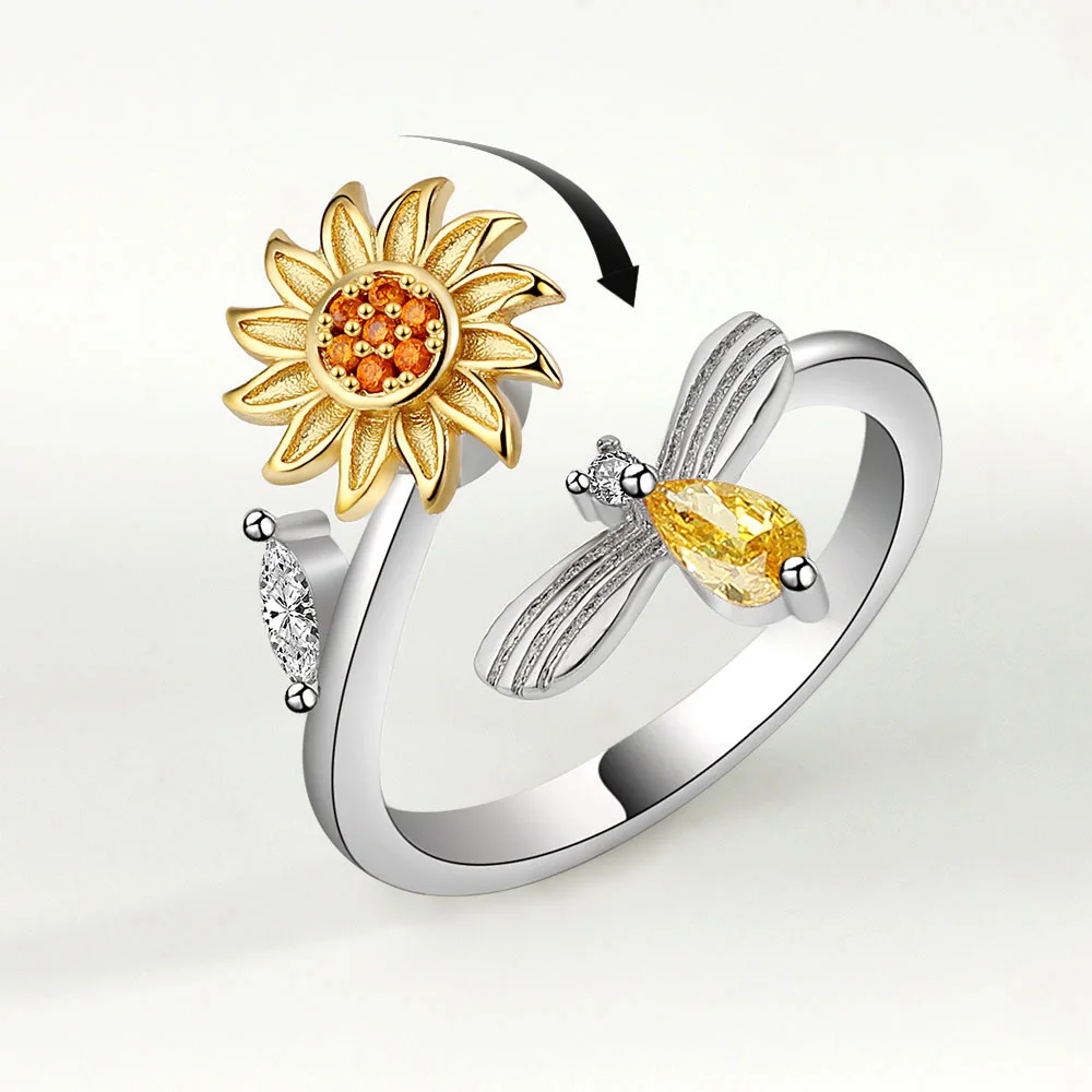 VENTFILLE 925 Sterling Silver Sunflower Diamond Zircon Rotatable Ring For Women Gift Relieve Stress Ring Jewelry Wholesale