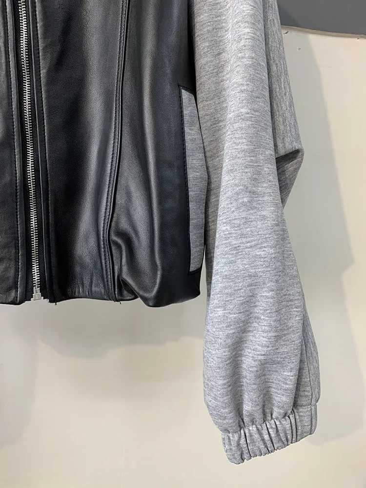 Casual Women Zipper Genuine Leather Patchwork Cloth Short Jackets Sheepskin O Neck Sheepskin Fashion Lady Loose Outerwear Coat