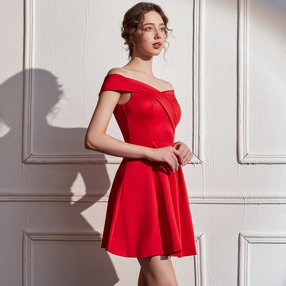 DEERVEADO Woman Short Evening Dress Soft Satin Off Shoulder Prom Dresses Graduation Party Dress Formal Dresses