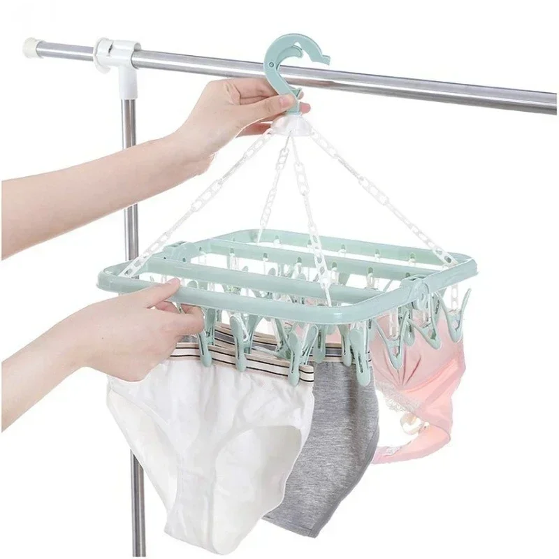 32 Clips Folding Clothes Hanger Dryer Windproof Socks Underwear Drying Rack Baby Apparel Hangers Organizer Laundry Racks Storage