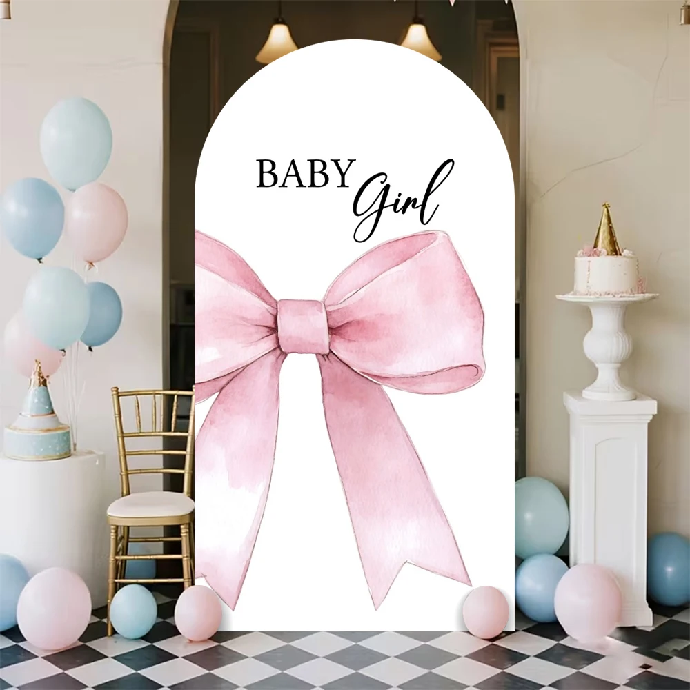 

Dreamy Baby Girl Backdrop Pink Floral Arch Big Bow Soft Princess Theme For Gender Reveal Shower Decoration Background Decoration