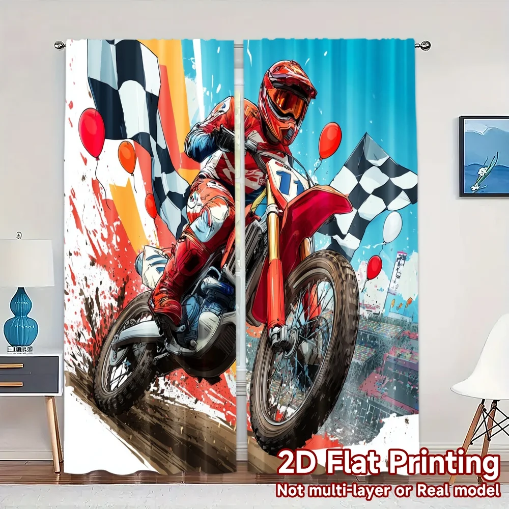 2pcs, 2D FLAT PRINTING Curtains (Without Rod) MotoRacer Chase Print Chic Curtains Semi-Sheer Curtains Decorations Suitable for