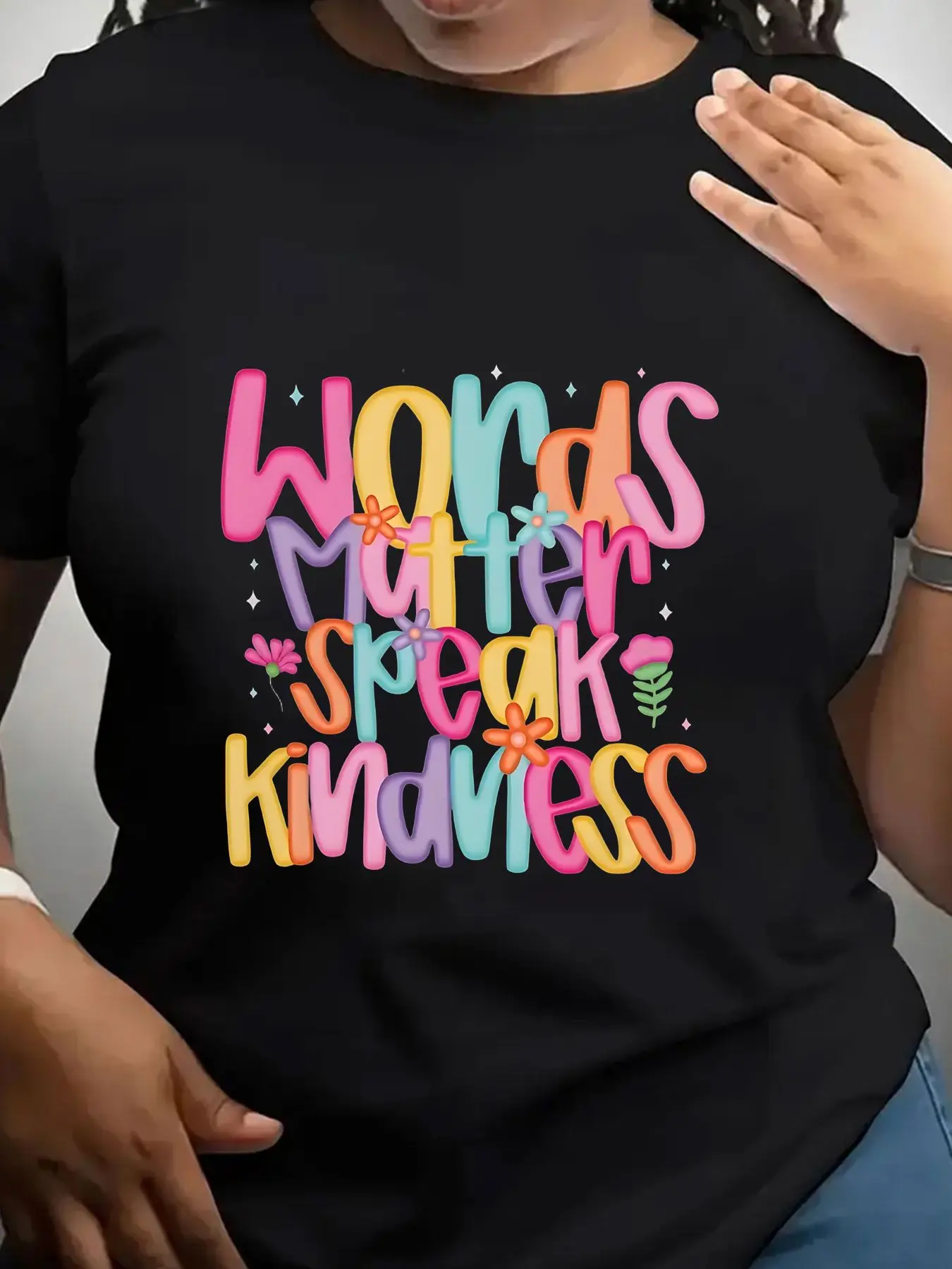 Women's Trendy Crew Neck T-Shirt Words Matter Speak Kindness Print Suitable for Casual Sportswear
