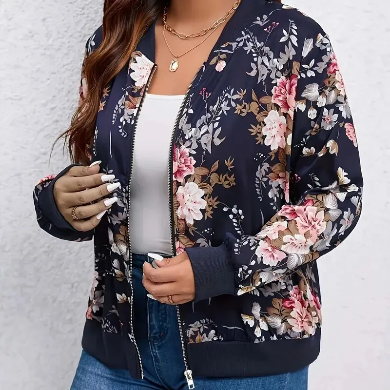 

Plus-size floral print baseball collar jacket