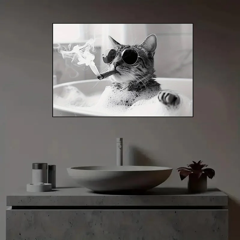 Cat Wear Black Sunglasses Smok A Cigar Poster Prints Canvas Painting Cat Take A Bath Wall Art Picture for Living Room Home Decor