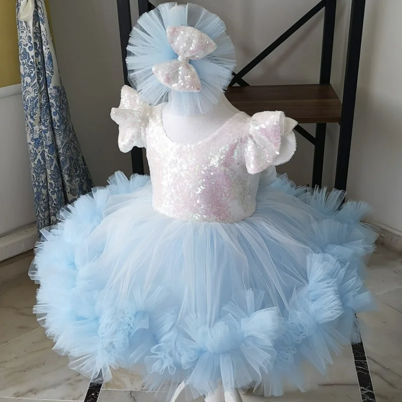 Blue Flower Girl Dresses Tulle Sequin With Bow Short Sleeve For Wedding Birthday Party First Communion Gown