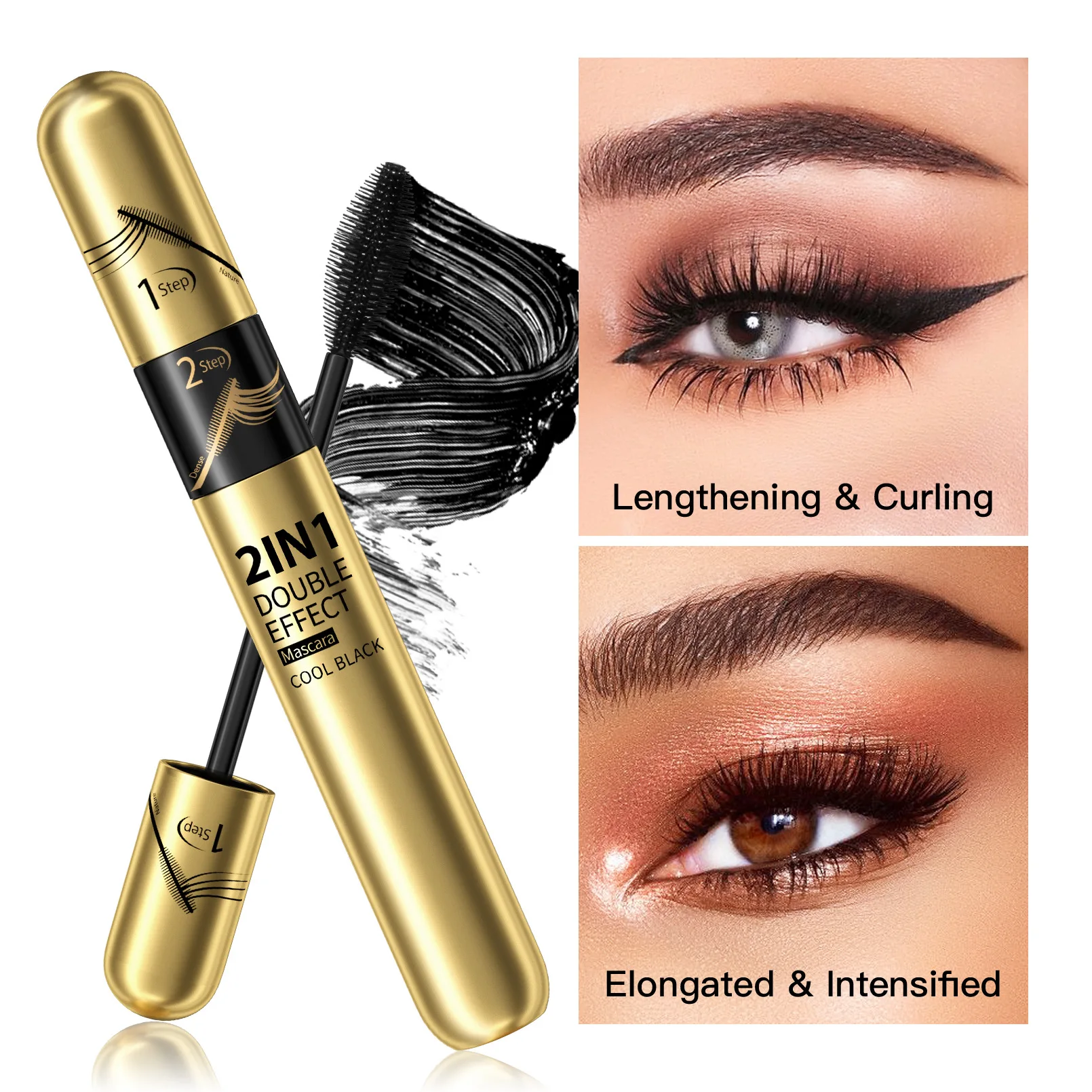 Hello Kiss Double Head Mascara Curly Thick Slender Waterproof 2 in 1 Mascara Natural Moisturizing 24h Lasting Fashion Mascara 9g