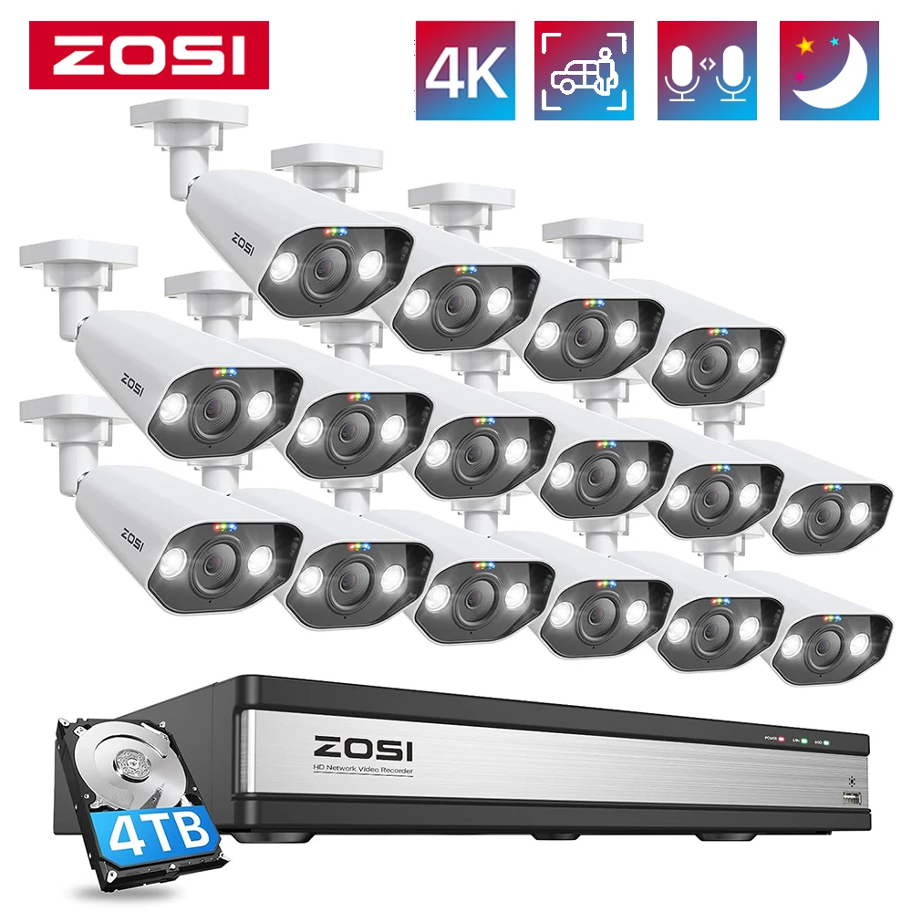 ZOSI 16채널 4K PoE 보안 카메라 시스템 양방향 오디오 H.265+ 8MP 16채널 NVR 4TB HDD 24시간 녹화용 8MP 실외 PoE IP 카메라