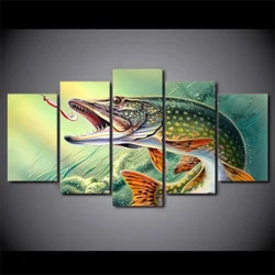 No Framed Canvas 5Pcs Fishing Hooked Pike Fish Wall Art Posters Pictures Paintings Home Decor Accessories Living Room Decoration