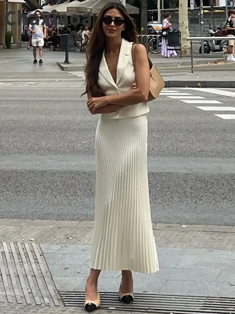 

Chaxiaoa Fashion Skirt Two Piece Sets Women Notched Collar Sleeveless Crop Tops And Midi Skirt Femme Elegant Pleated Skirt Sets
