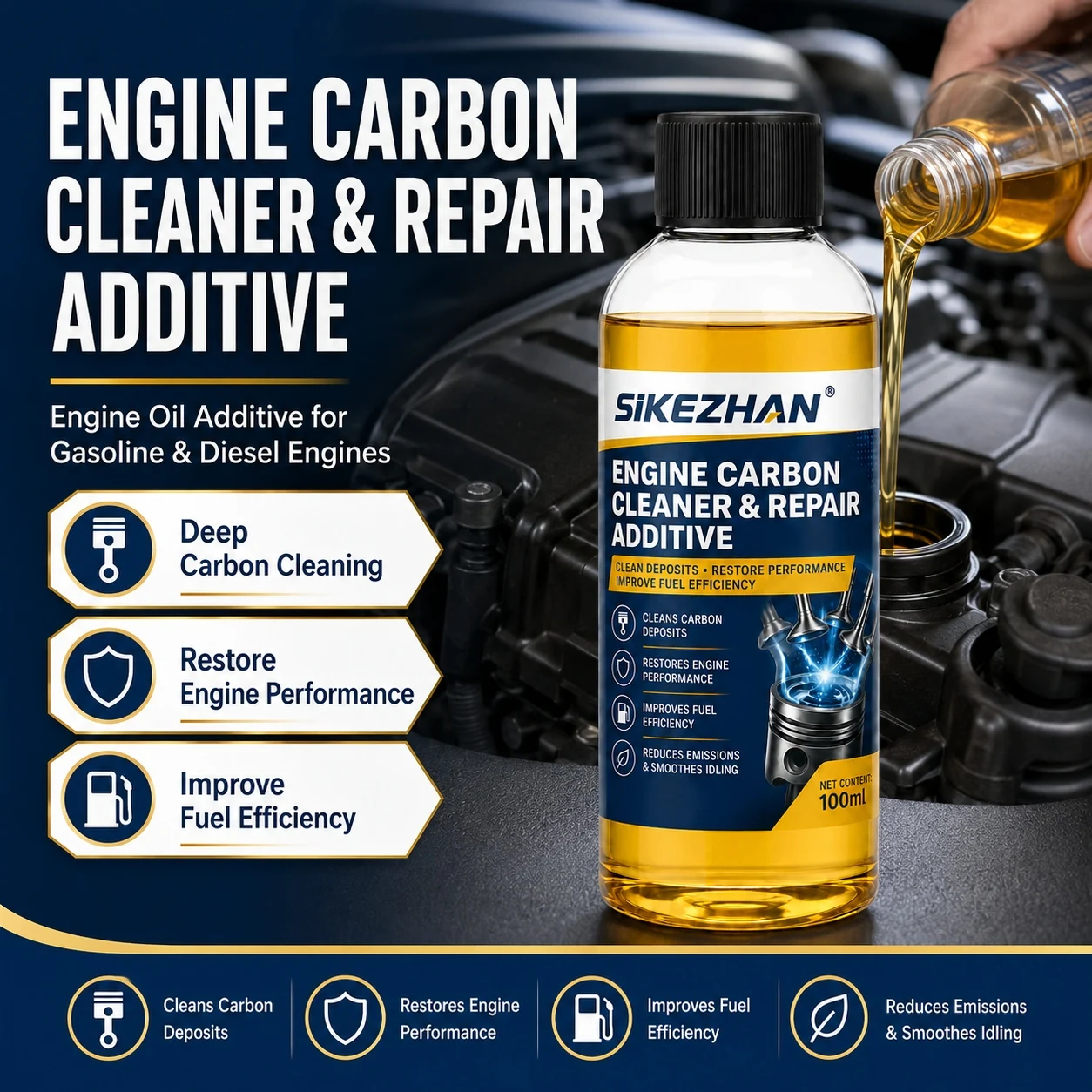 Agent de réparation pour l'élimination du carbone du moteur, additif d'huile haute performance anti-usure pour la réduction du bruit, le contrôle des vibrations et la protection