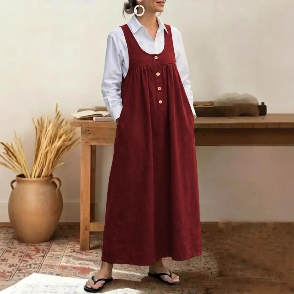 

2026 Solid Color Button Strap Sleeveless Loose Casual Dress