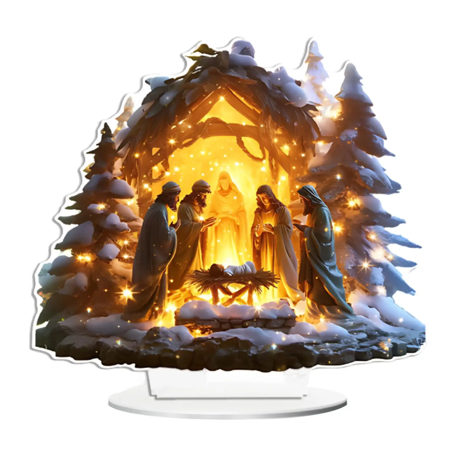 Christmas Nativity Scene Figurine Acrylic Statue Collectible Snow House Decorative Holy Family Table Ornament for Holiday