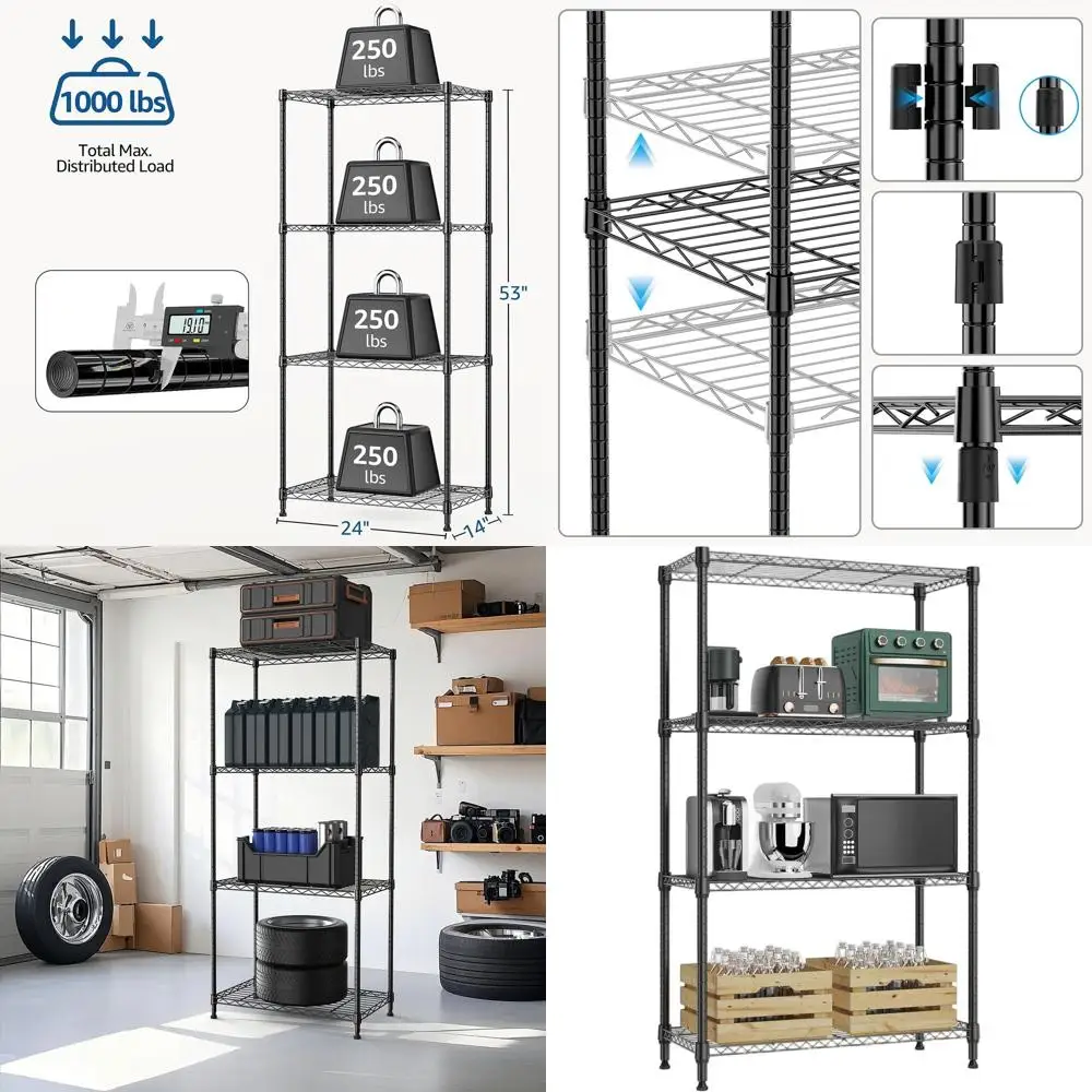

4-ярусная металлическая полка для хранения на колесиках, черная, для шкафа, гаража, кухни, ванной, прачечной, 13,7 гл. x 23,6 ш. x 53,4 в.