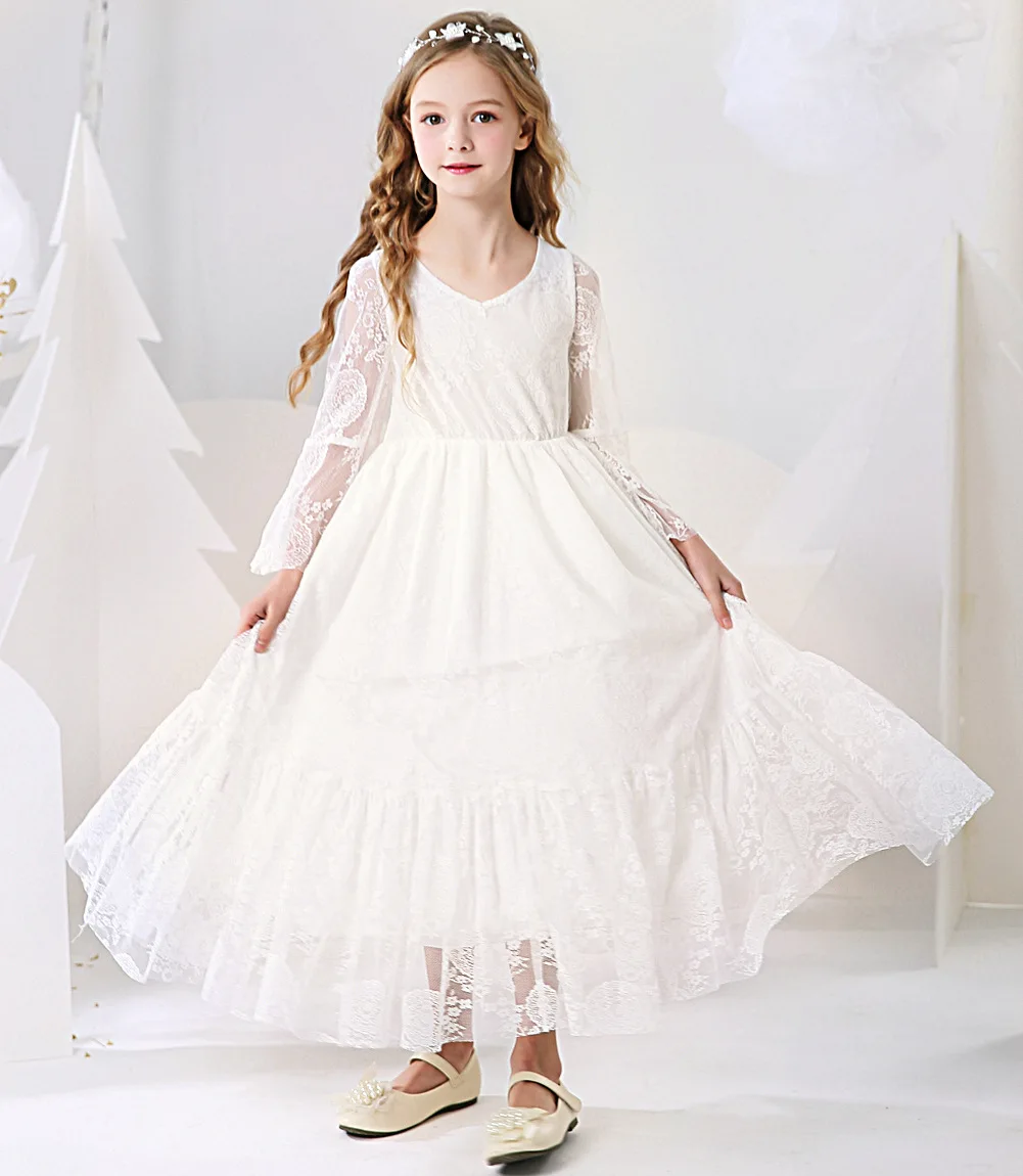 2-12 Year Flower Girl Dresses White Beige Long Sleeve Summer Dress Communion Toddler Kids Christening Wedding Bridesmaid Clothes