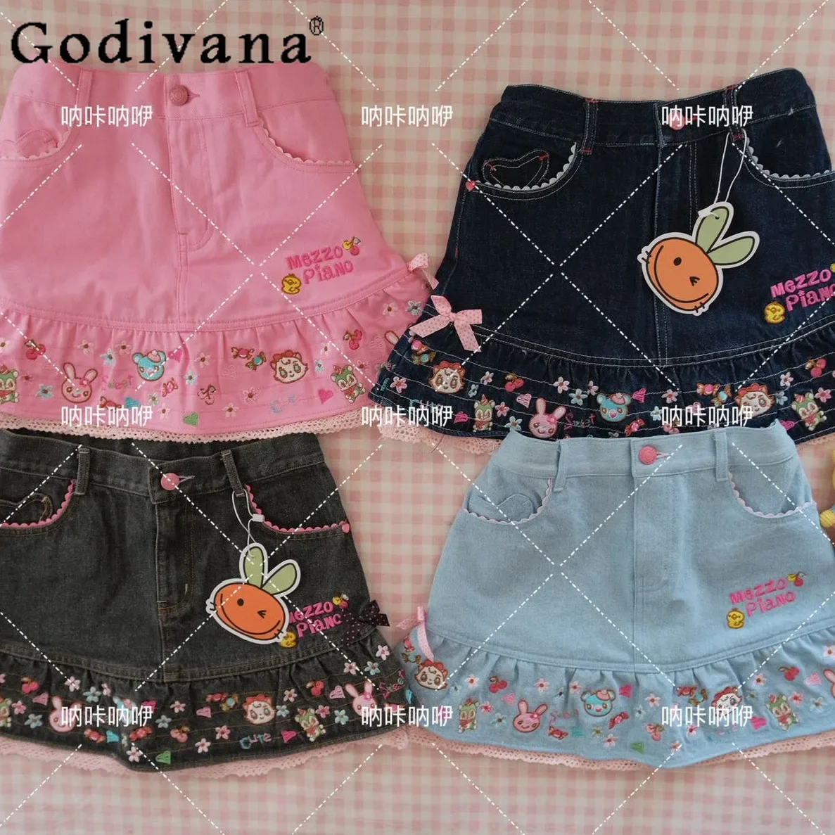 IMU Japanese Soft Girls Kawaii Denim Skirt 2026 Spring Summer New Cartoon Embroidered Daughter Skirt Subculture Y2k Mini Skirt W