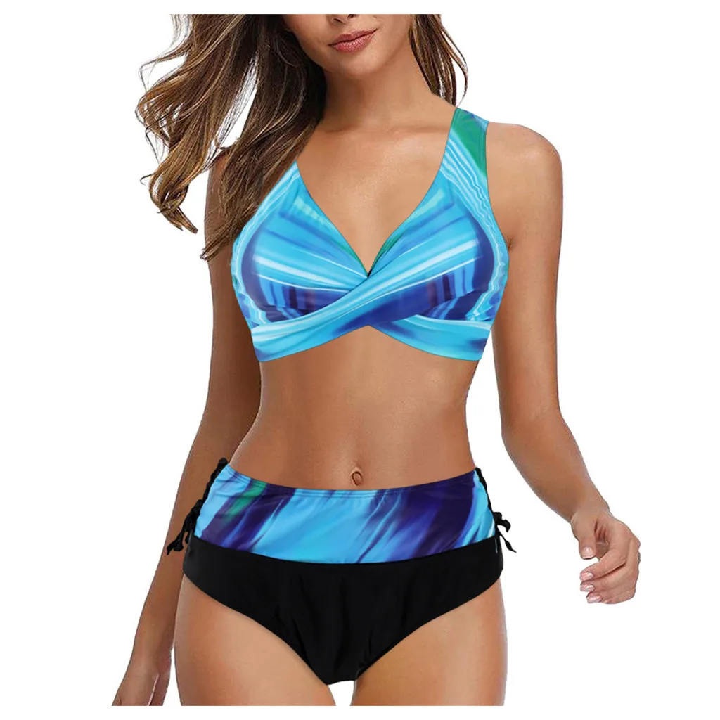 Bikini de talla grande para mujer, conjunto de Tankini estampado, traje de baño acolchado de cintura alta, dos piezas