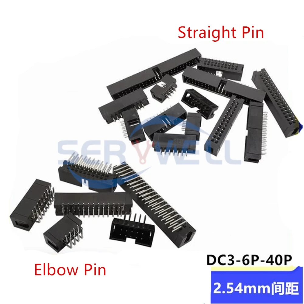 50pcs 2.54mm Pitch IDC Box Header DC3-20P Dual Row 20 Pins JTAG Connector DC3-6/8/10/14/16/20/26/30-40/50P Straight Elbow Pin