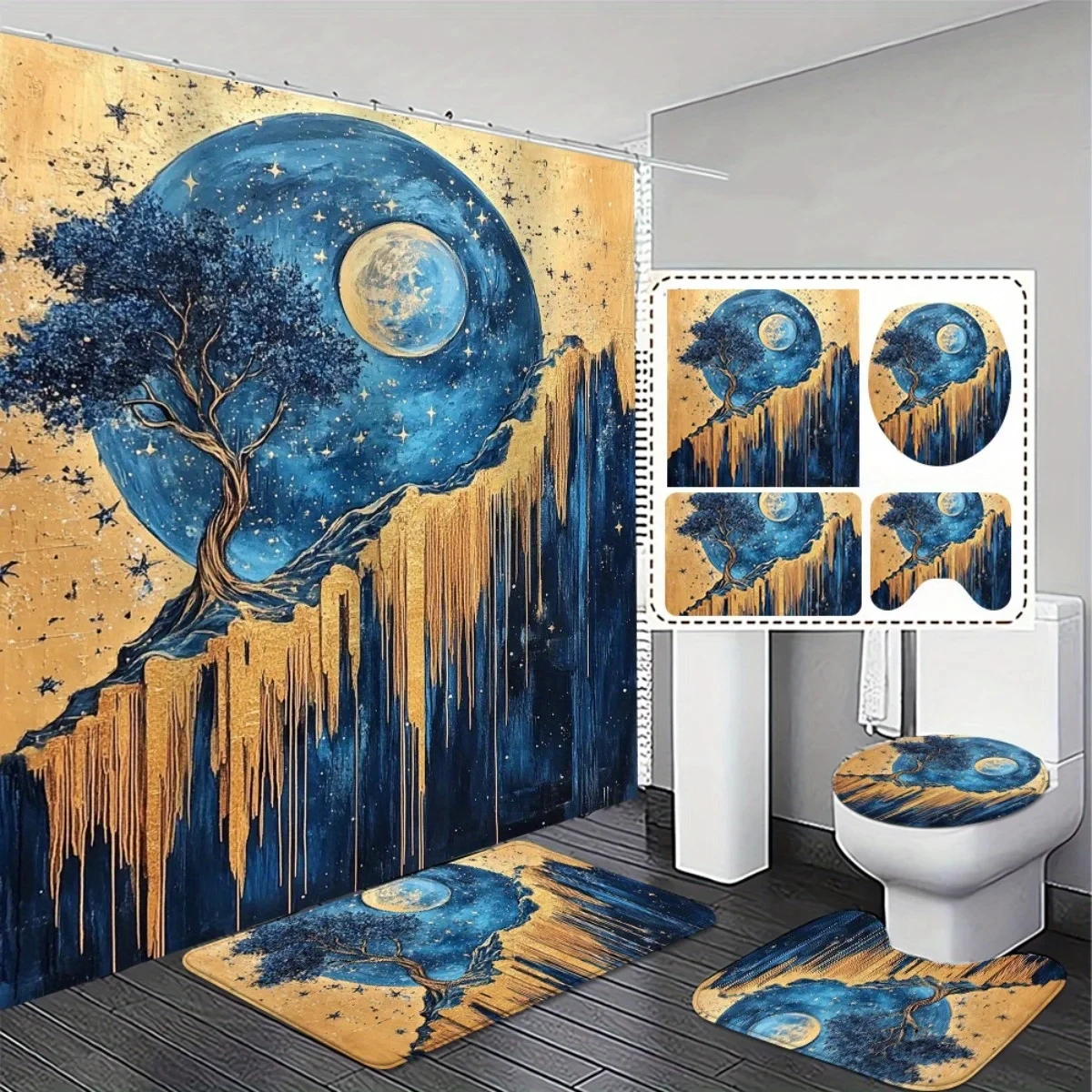 4pcs Cozy and Unique Celestial Themed Bathroom Set - High Quality Shower Curtain, Non-Slip Absorbent Rugs, and Toilet Lid