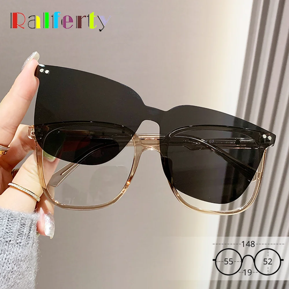 Ralferty 2 In 1 Magnet Sunglasses Women Men Polarized UV Square TR90 Clip On Glasses Frame Customize Medical Prescription Lenses