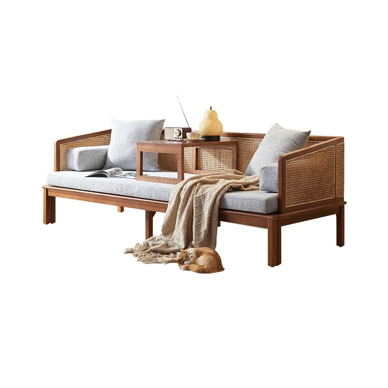 

New Chinese rattan solid wood sofa bed, wabi-sabi wind living room fabric ash wood, three-person removable and washable