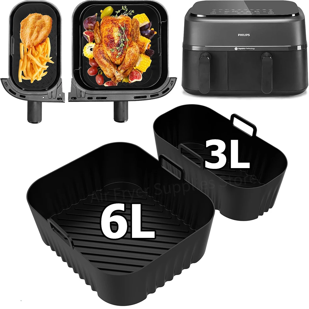 Fodere per friggitrice ad aria per Philips Dual Basket Airfryer Serie 3000 NA350/00 Stampo in silicone riutilizzabile per strumenti per friggitrice ad aria Philips 6/3L