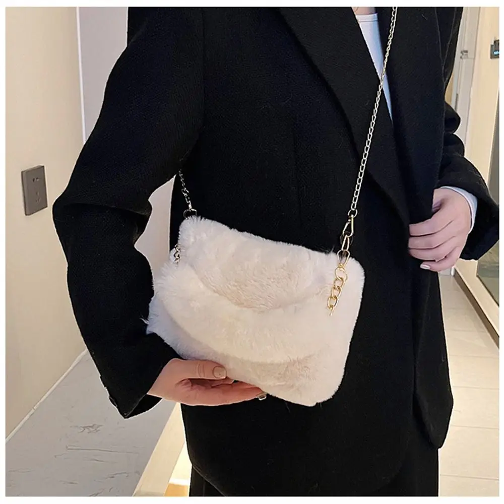 Fashion Women Fluffy Shoulder Bags Female Winter Chain Underarm Bag Solid Color Handbag Soft Plush Handle Bag