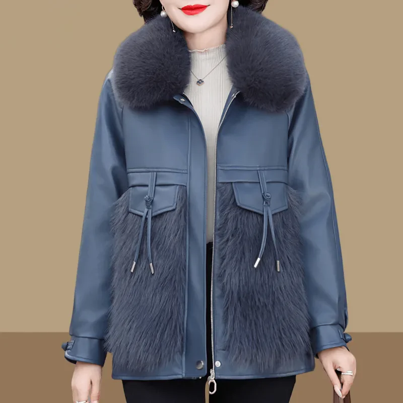 Plus Size Loose Warm Big Fur Collar PU Leather Cotton Coat Autumn Winter New Mink Velvet Stitching Leather Jacket Women Overcoat