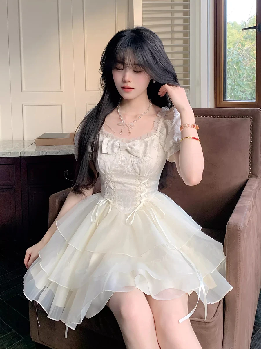 ReddaChic-vestido com cadarço com cadarço para mulheres, manga curta, plissado em camadas, laço, mini vestido de princesa, vestido Lolita Tutu, verão