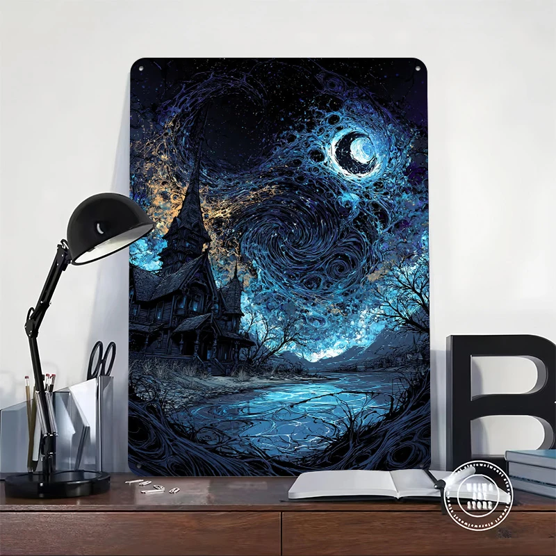 Haunted House Under a Swirling Night Sky Metal Poster Customized Wall Art Retro Vintage Metal Signs for Man Cave Decoration Home