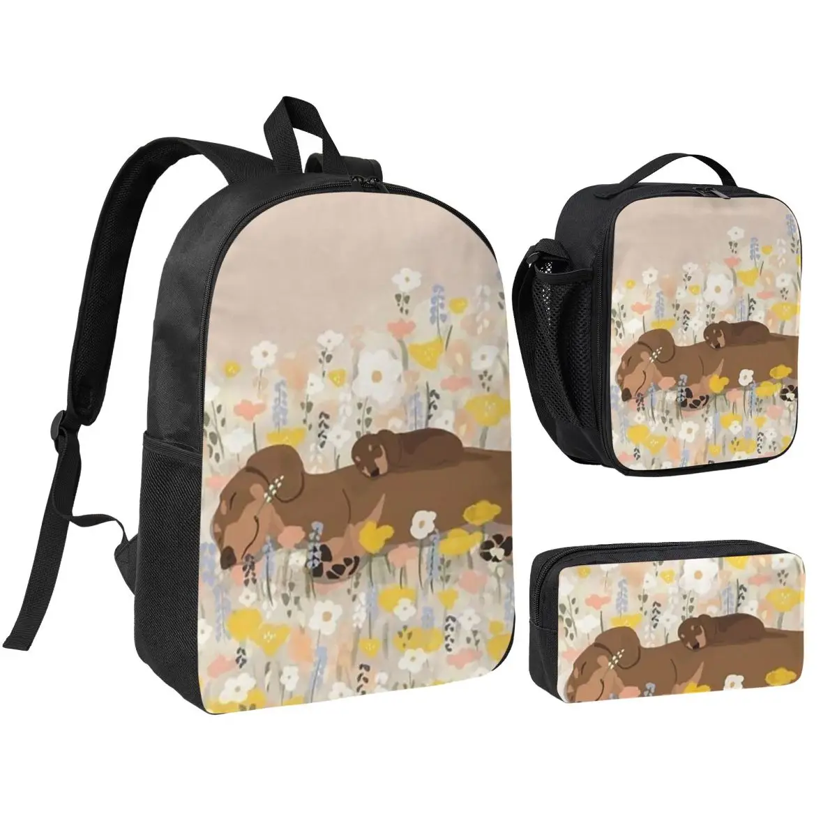 Garden And Sausage Dog Backpack Boys Girls BookBag School Bag Shoulder Bags 3ps Insulated Lunch Bag Pencil Case