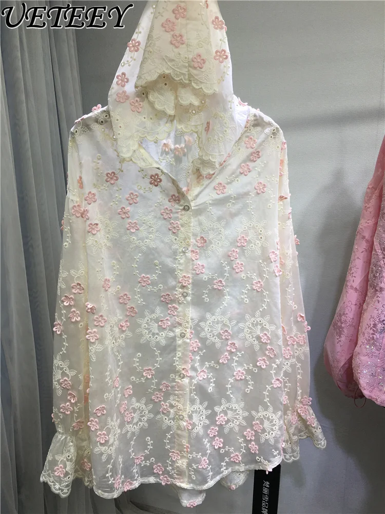 

Heavy Industry Embroidered Sunscreen Shirt Hooded Three-dimensional Small Flower Loose Long Cardigan Summer New Long-sleeve Top