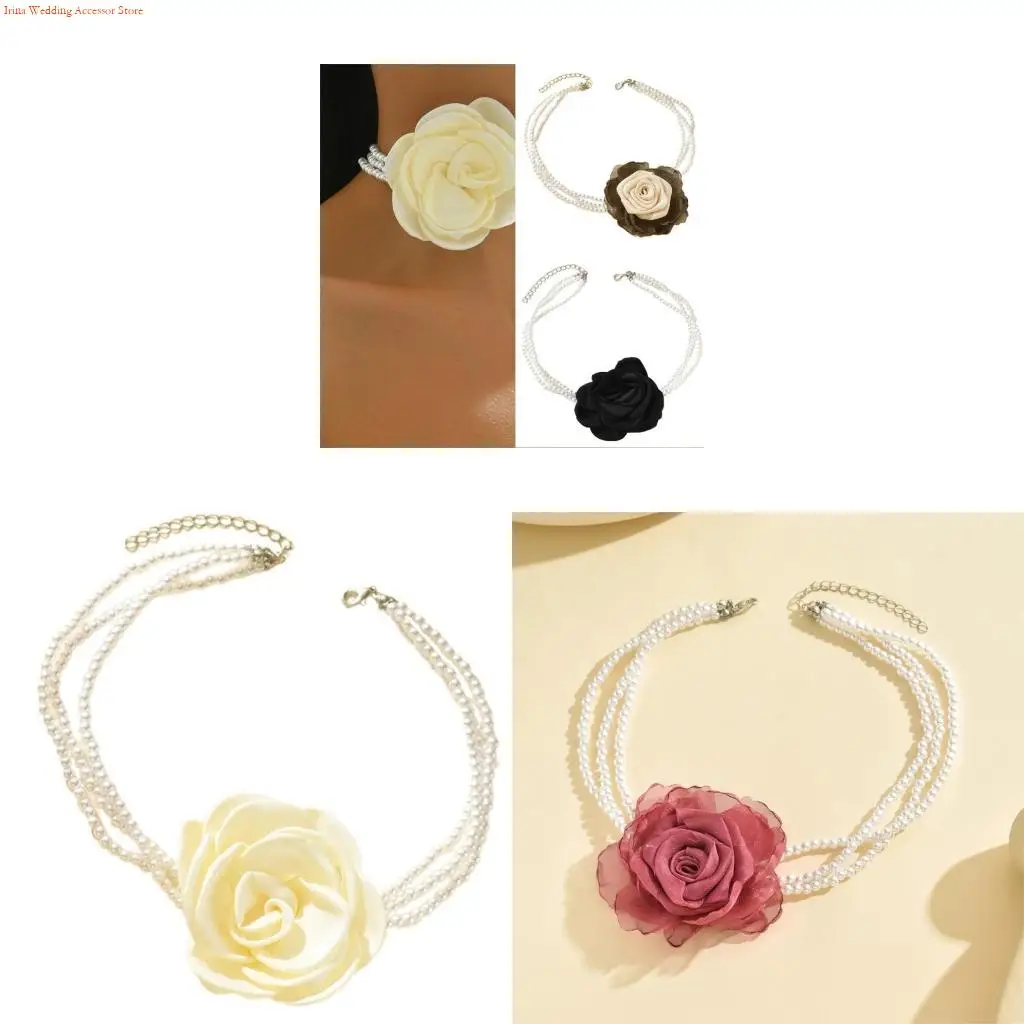 G92D Retros Modern Pearls Necklace Trendy Unique 3D Flower Decoration Necklace for Versatiles Wear