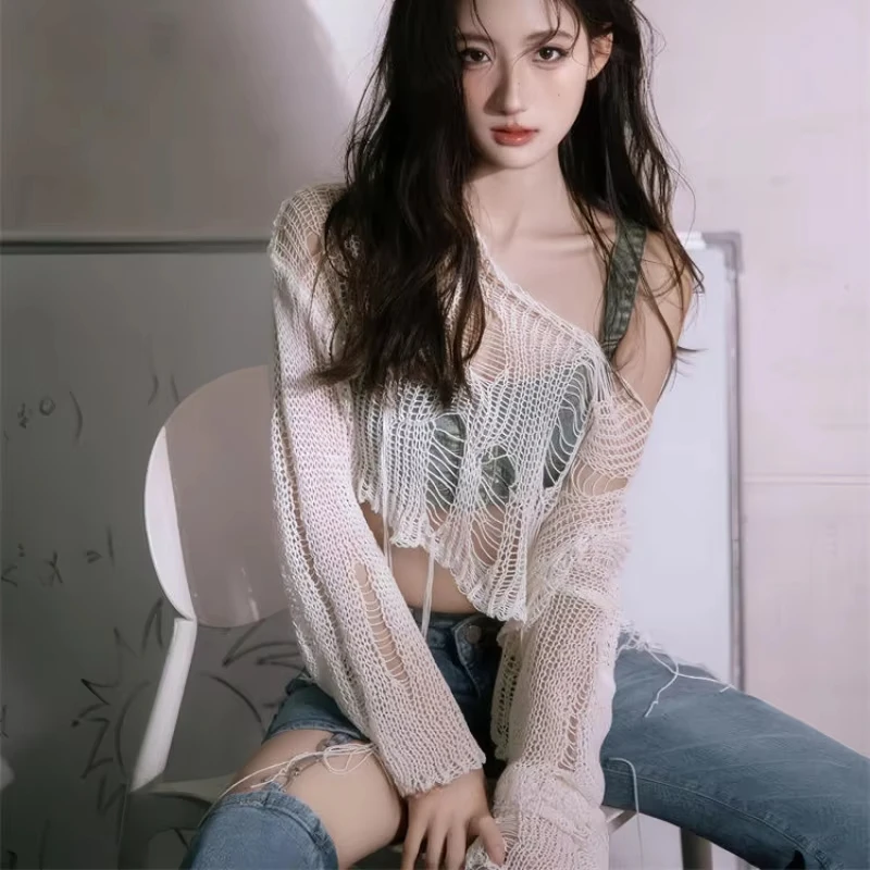 Sexy White Slash Neck Grunge Knitted Women's Sweater Hole Ripped Pullover Crop Top Harajuku Hollow Out Fashion Summer Jumpers