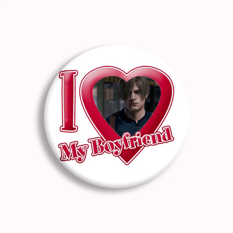 31Style Creative I Love My Boyfriend Heart Leon Button Pin Funny Lovely Leon Kennedy Meme Badge Brooch Bag Jewelry 58mm