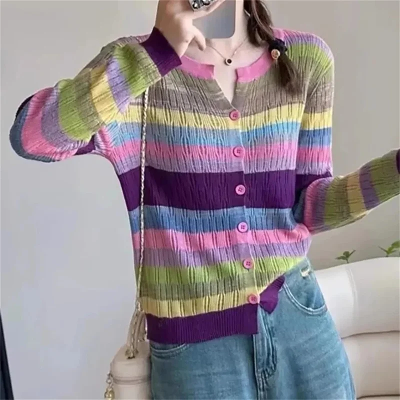 

Autumn New 2023 Oversized Women's Design Sensation Small Group Hollow Out Round Neck Rainbow Spliced Stripe Knitting Sweater Top