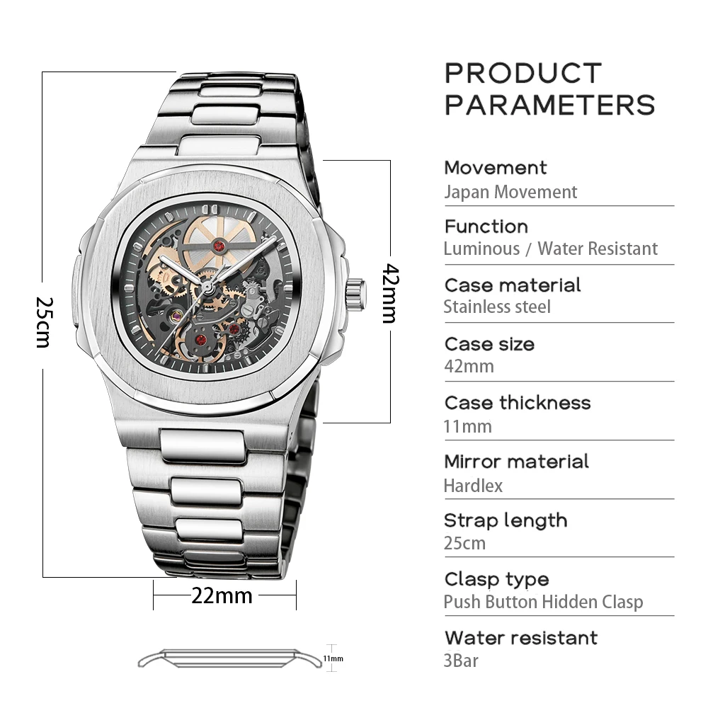 Power Reserve Mechanical Men Wristwatch Skeleton Stainless Steel Powerful Automatic Watch Square Waterproof Hand Clock Hot Sale