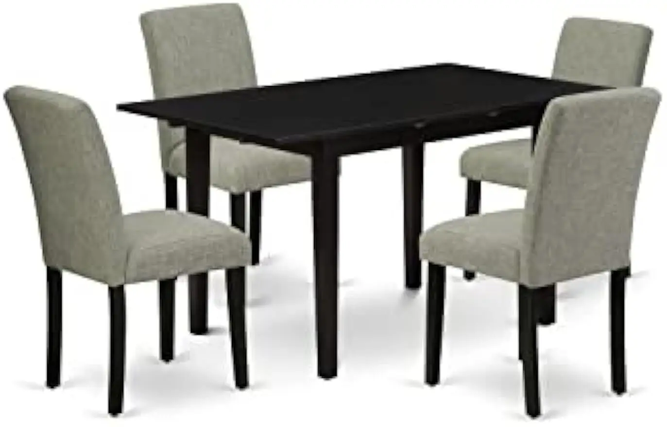 ining Room Table with Butterfly Leaf and 4 Shitake Linen Fabric Upholstered Parson Chairs, 32x54 Inch, NOAB5-BLK-06