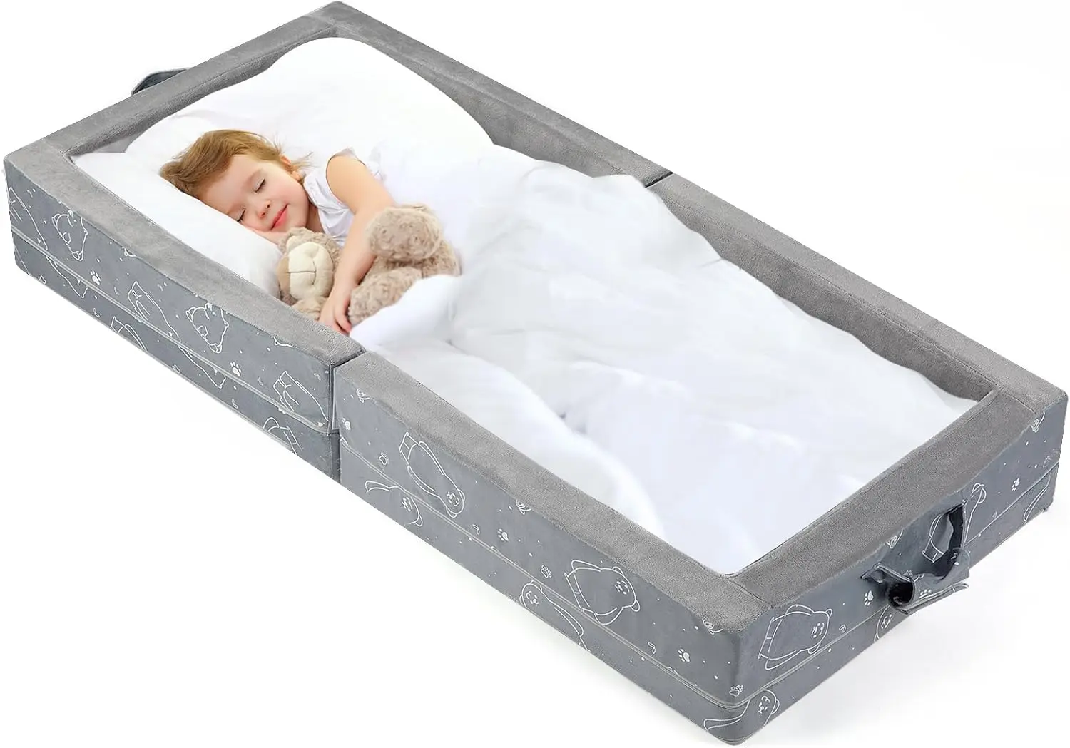 

Portable Toddler Travel Bed - Foldable Soft Foam Floor Crib with Washable Cover, Built-in Safety Rails, No Assembly, Compact