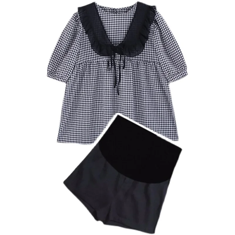 

3pcs/set Summer Maternity Clothes Set Black Short Sleeve Plaid Shirts+cape+belly Shorts Pregnant Woman Preppy Style Pants Suits