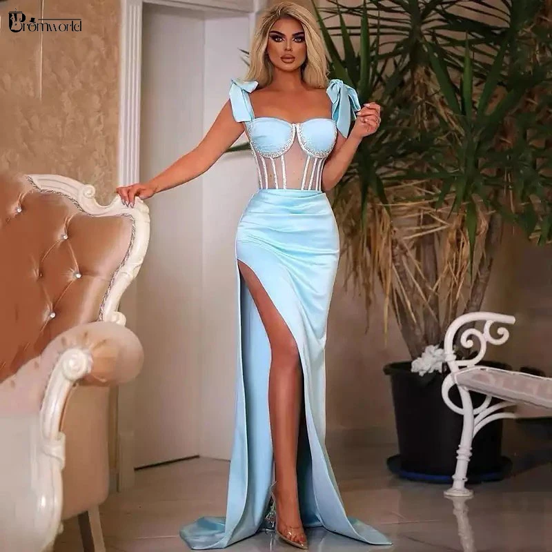 

Sky Blue Mermaid Prom Dress Straps High Split Satin Sweetheart Crystal Beaded Bodice Evening Dresses Long Luxury 2023 Party Gown