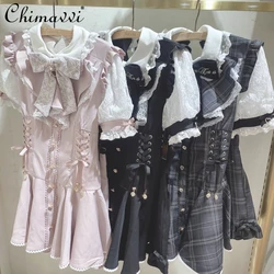 Liz Japanese Mines Mass-produced Sweet Diamond Buckle Love Bow Lolita Sets Lace Short-sleeved Dress Shorts Kawaii Girls Outfit