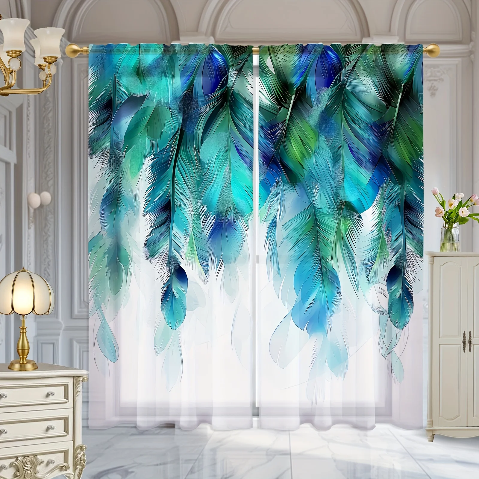 

2 шт. синих штор с перьями и тропическими листьями, с художественным градиентным дизайном, для обеспечения конфиденциальности и декора гостиной, в экзотическом современном стиле.