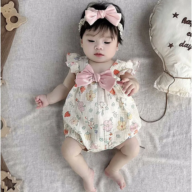 2024 New Baby Girls Summer Clothes Sweet Floral Bow Bodysuit With Headband Toddler Suspenders Flying Sleeve One Piece