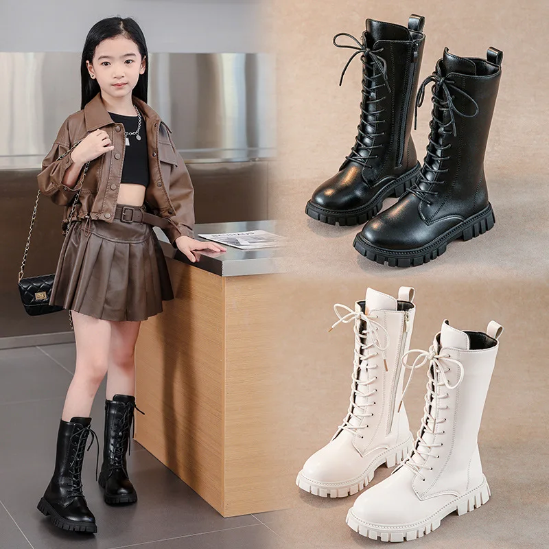 

Elegant Zipper Baby Girl Fashion Boots Autumn/ Winter Warm Thick Sole Round Casual Lace Up Comfortable Children's Midsole Boots