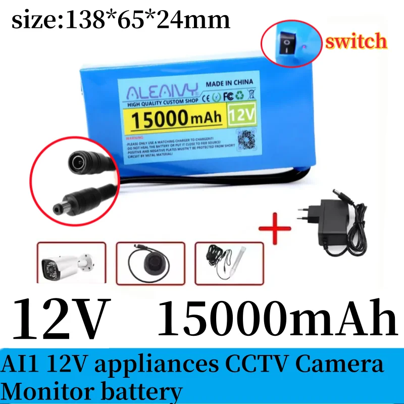 100% New Portable 12v 20000mAh Lithium-ion Battery Pack DC 12.6V 20Ah Battery with EU Plug+12.6V1A Charger+DC Bus Head Wire