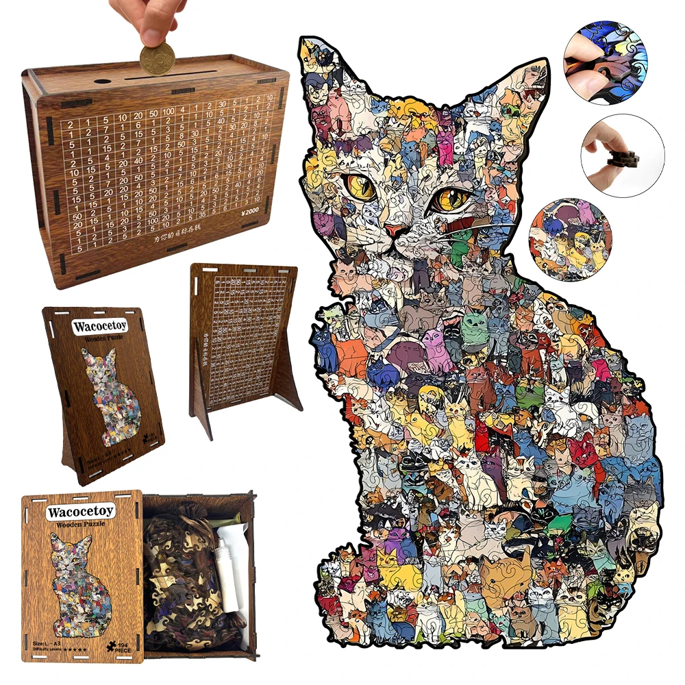 

Cat Shaped Wooden Jigsaw Puzzle Unique Animal Pattern Irregular Piece Difficult Intellectual Game Adult Decompression Toy Piggy