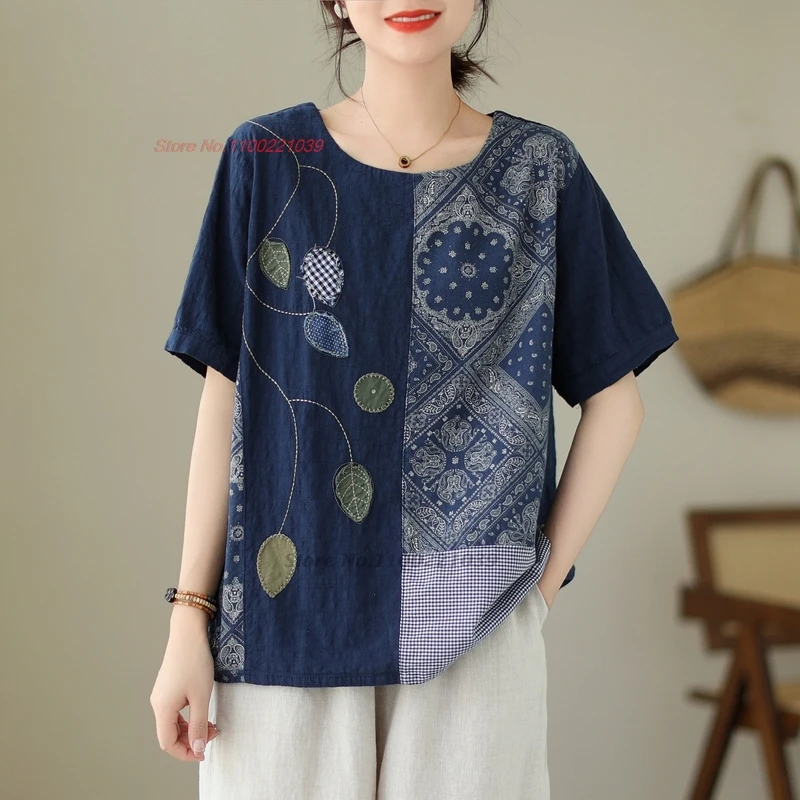 

2024 chinese improved loose blouse national flower print patchwork o-neck folk blouse traditional ethnic hanfu tops retro blouse