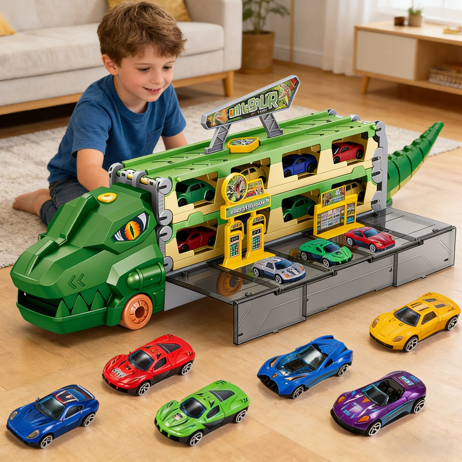 

Deformation Ejection Dinosaur Carrier Truck 2.1M with 6 Alloy Cars Foldable Large Inertial Storage Container Toys for Kids Gifts